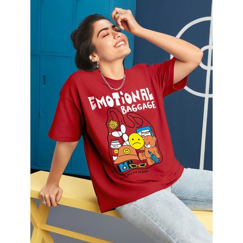 Bewakoof Women's Red Emotional Baggage Graphic Printed Oversized T-shirt (M)
