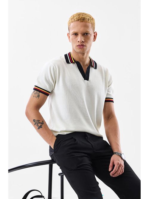 Snitch Men Off White Cotton Regular Fit Polo T-Shirt