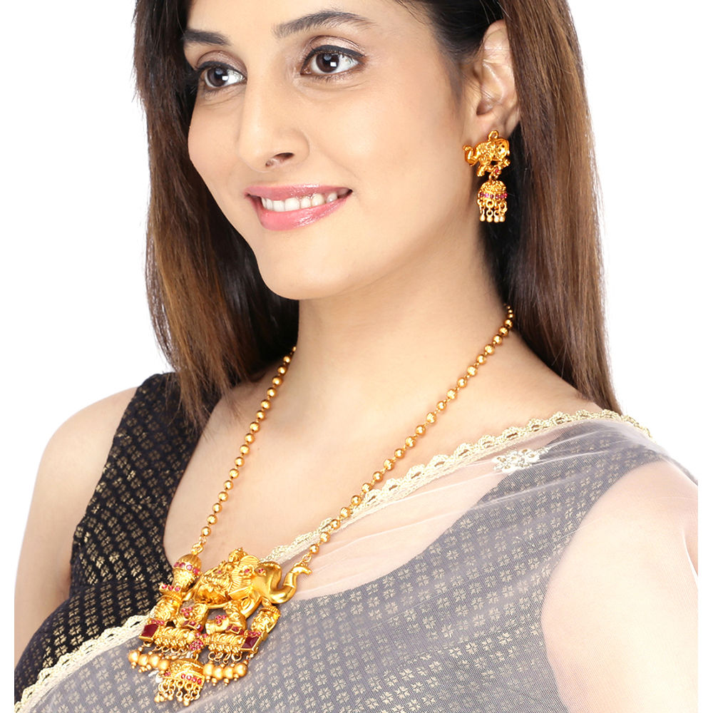 Yellow Chimes Stone Studded GoldTone Handcrafted Temple Jewellery Set