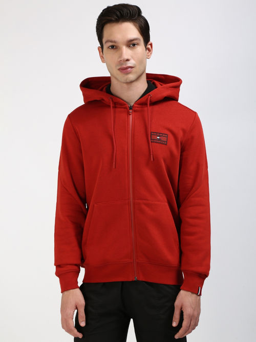 Buy Tommy Hilfiger Men Red Solid Regular Fit Cotton Hoodie Online