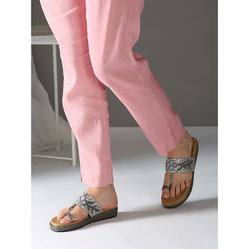 Women Pewter Grey Ethnic Embellished One Toe Flat Sandals (EURO 35)