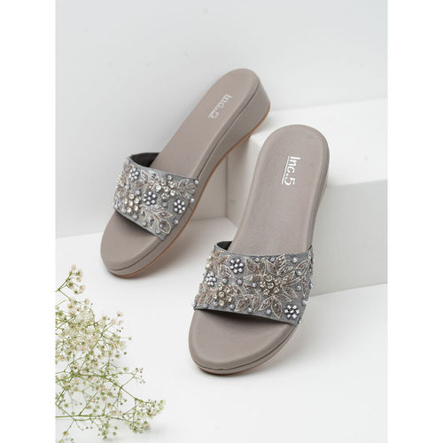 Women Pewter Grey Embellished Round Toe Ethnic Sandals (EURO 36)