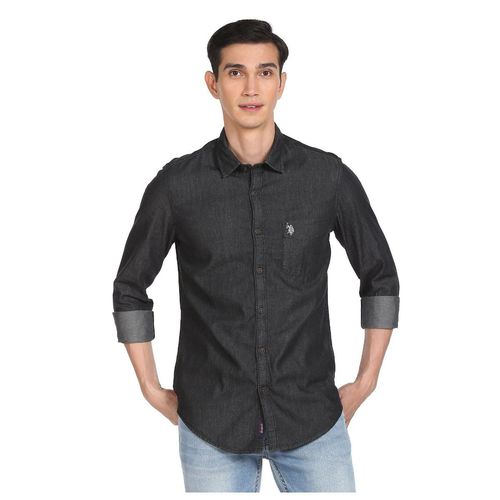 Buy POLO Men Charcoal Cotton Solid Chambray Casual