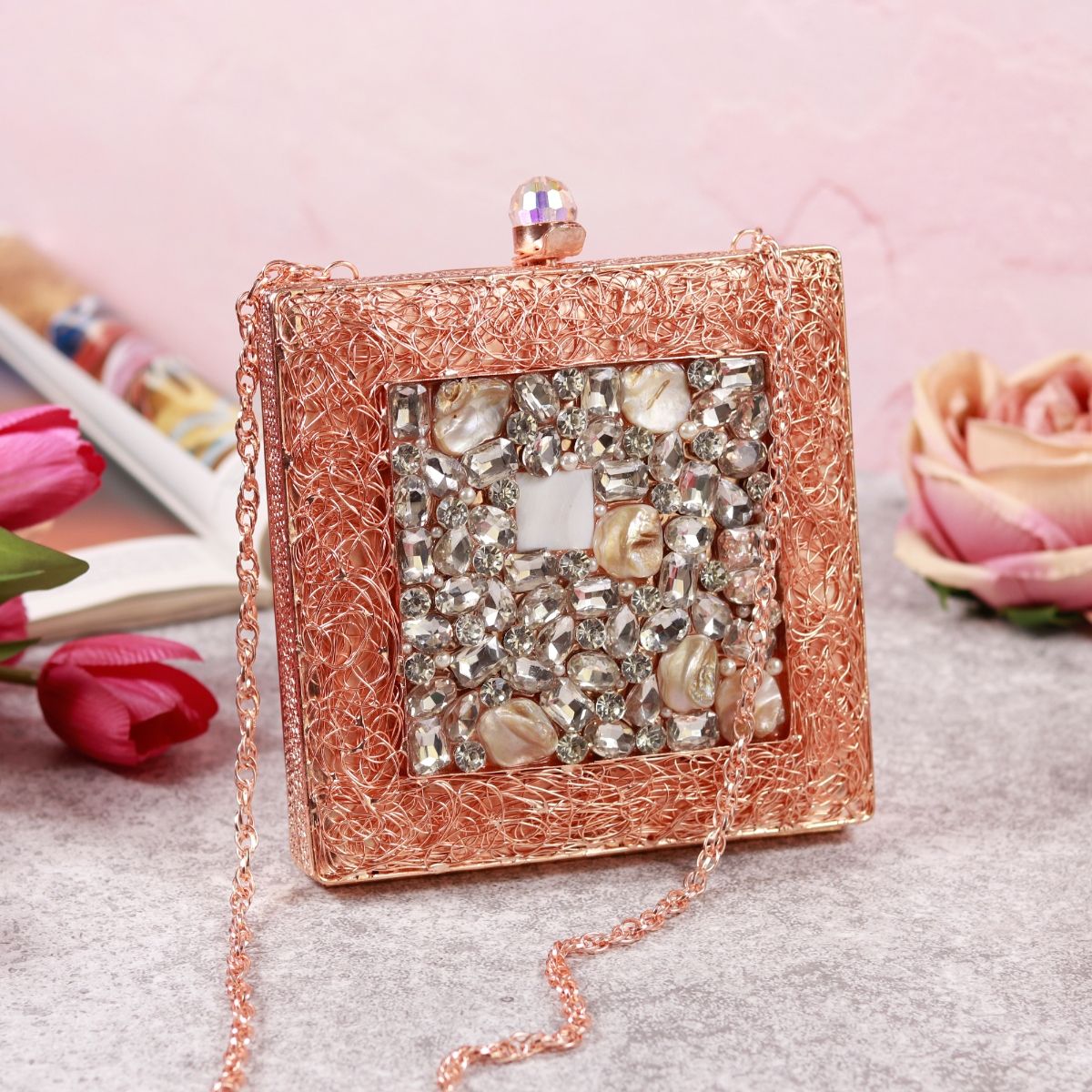 Rose gold rhinestone clutch hot sale