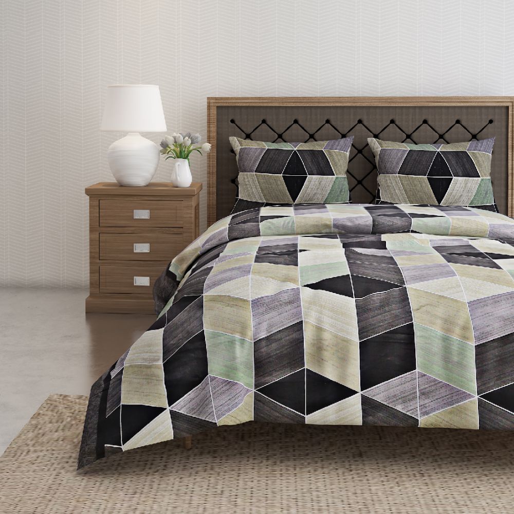 Swayam 144 Tc Pure Cotton Black & Green Geometric Printed Double Bed Sheet With 2 Pillow Covers