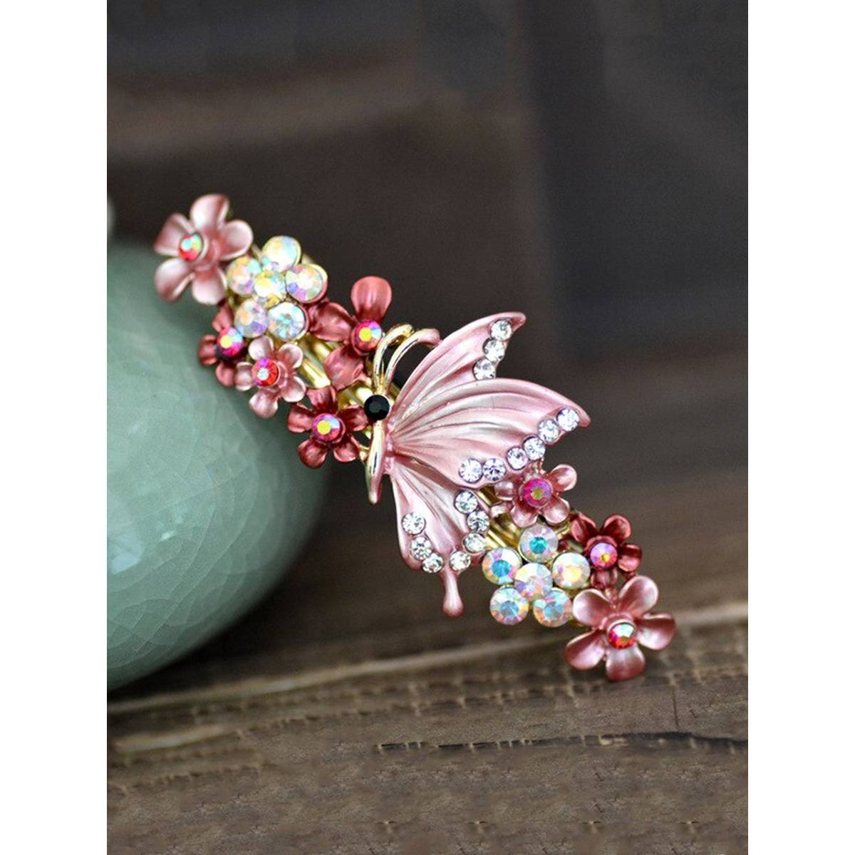 Yellow Chimes Women Red & White Butterfly Crystal Studded French Barrette