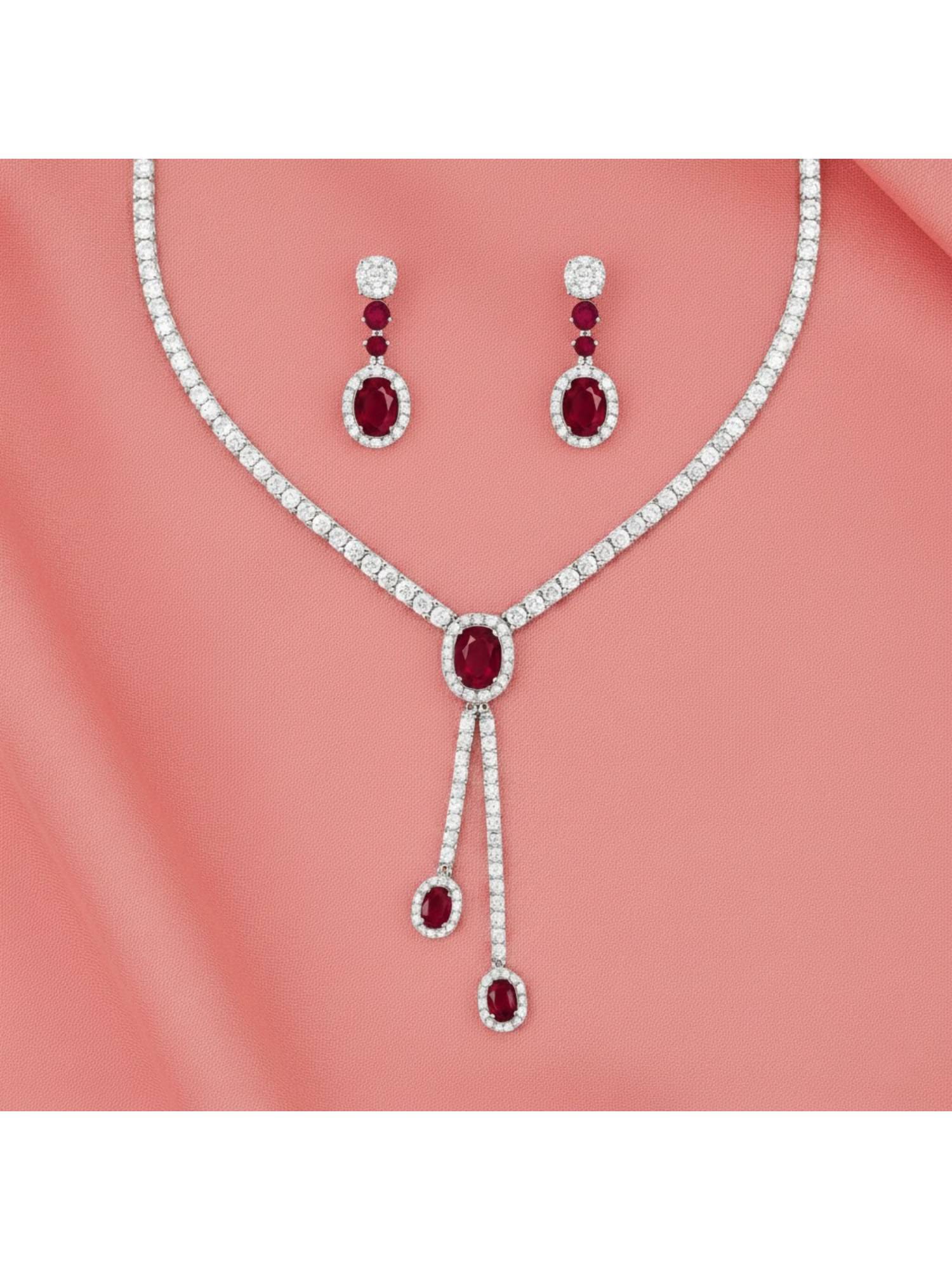 Axora Life 925 Sterling Silver Ruby Elegance Silver Necklace and Earring Set