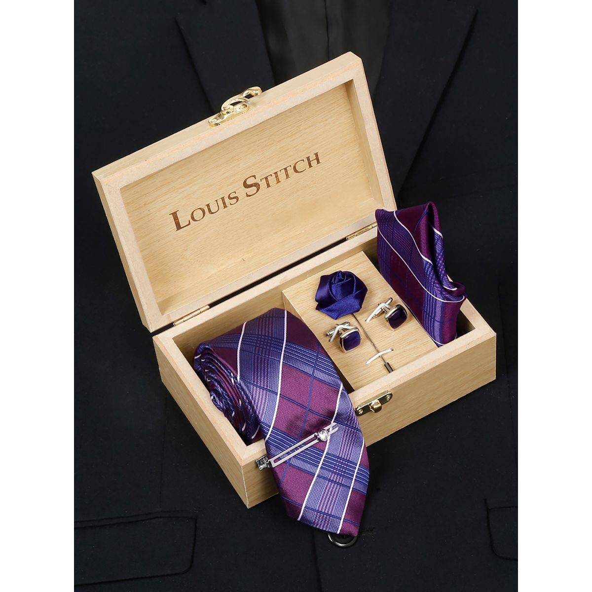 Louis Stitch Men Checkered Blue Silk Necktie Accessory Gift Set
