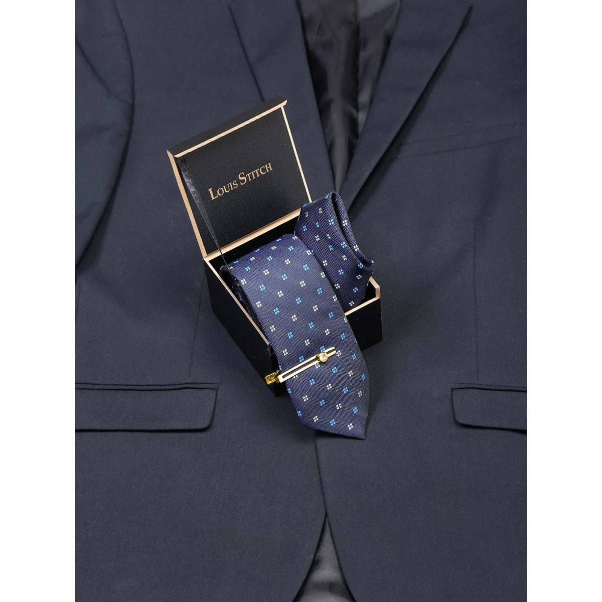 Louis Stitch Men Floral Blue Silk Necktie Accessory Gift Set