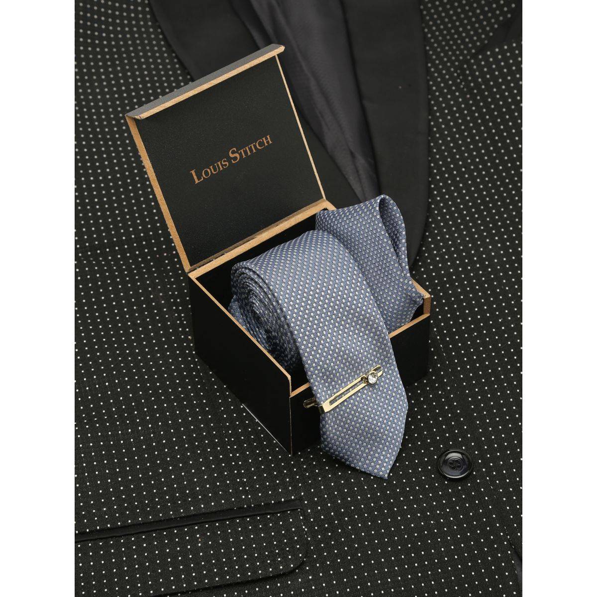 Louis Stitch Men Ash Blue Silk Necktie Accessory Gift Set