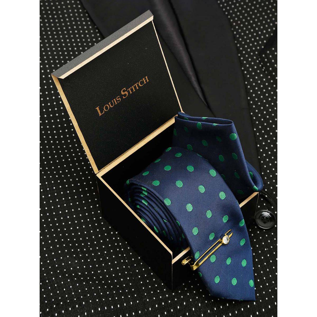 Louis Stitch Men Dotted Blue Silk Necktie Accessory Gift Set