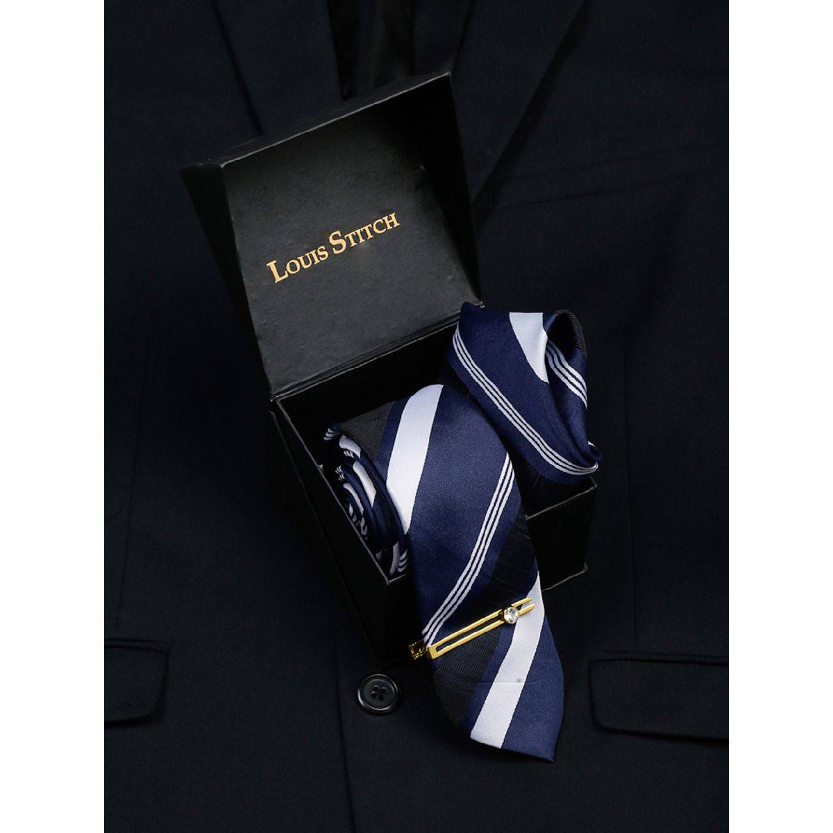 Louis Stitch Men Lined Blue Silk Necktie Accessory Gift Set