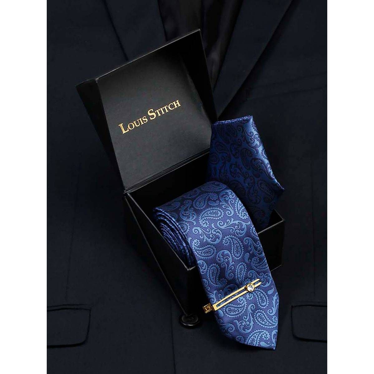 Louis Stitch Men Cobalt Blue Silk Necktie Accessory Gift Set
