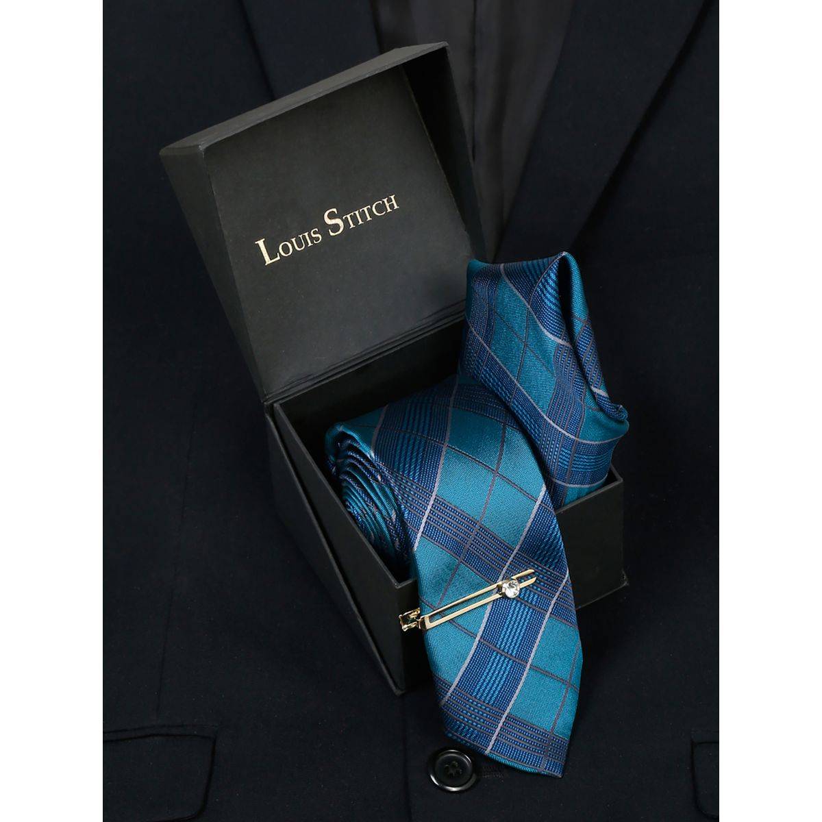 Louis Stitch Men Checkered Blue Silk Necktie Accessory Gift Set