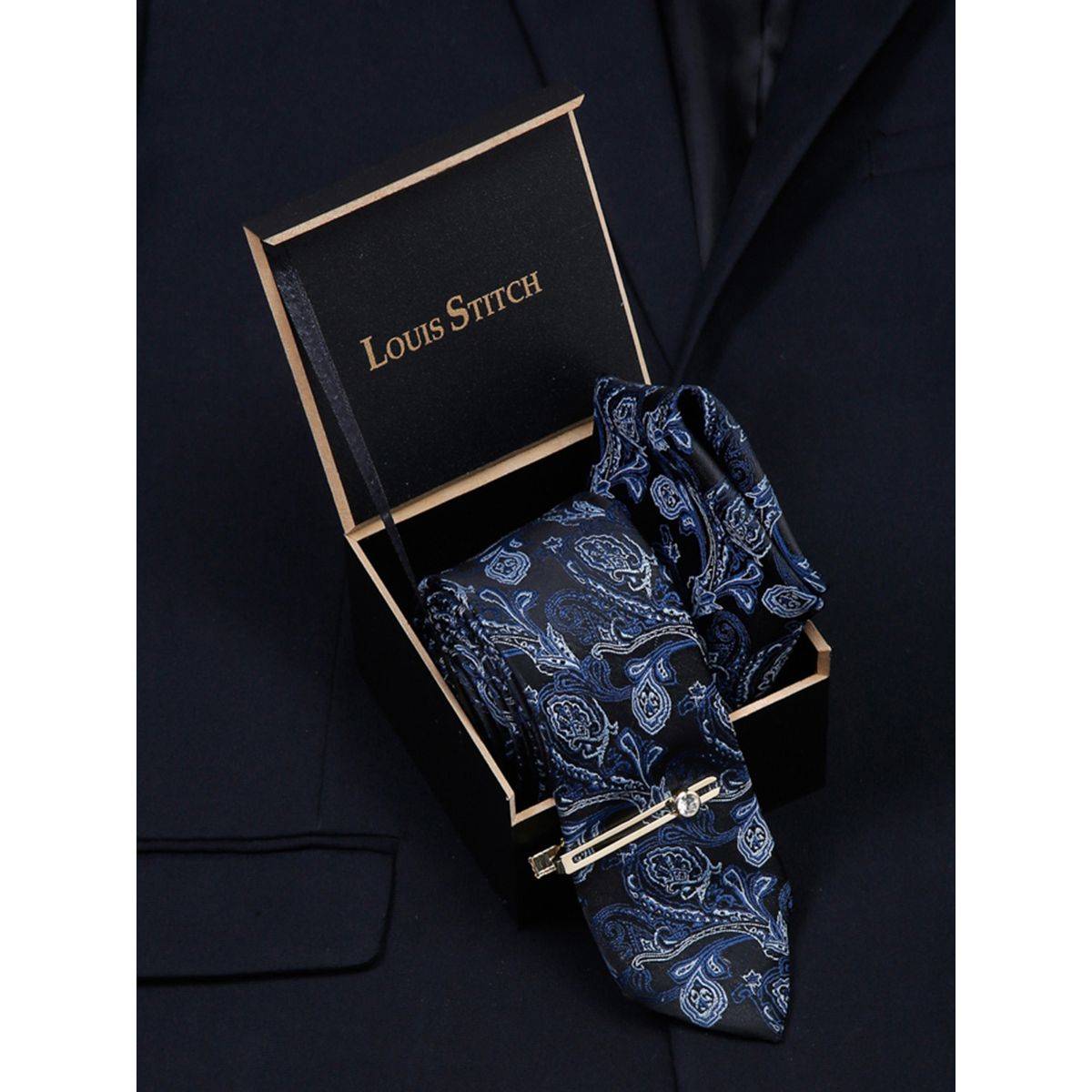 Louis Stitch Men Floral Blue Silk Necktie Accessory Gift Set