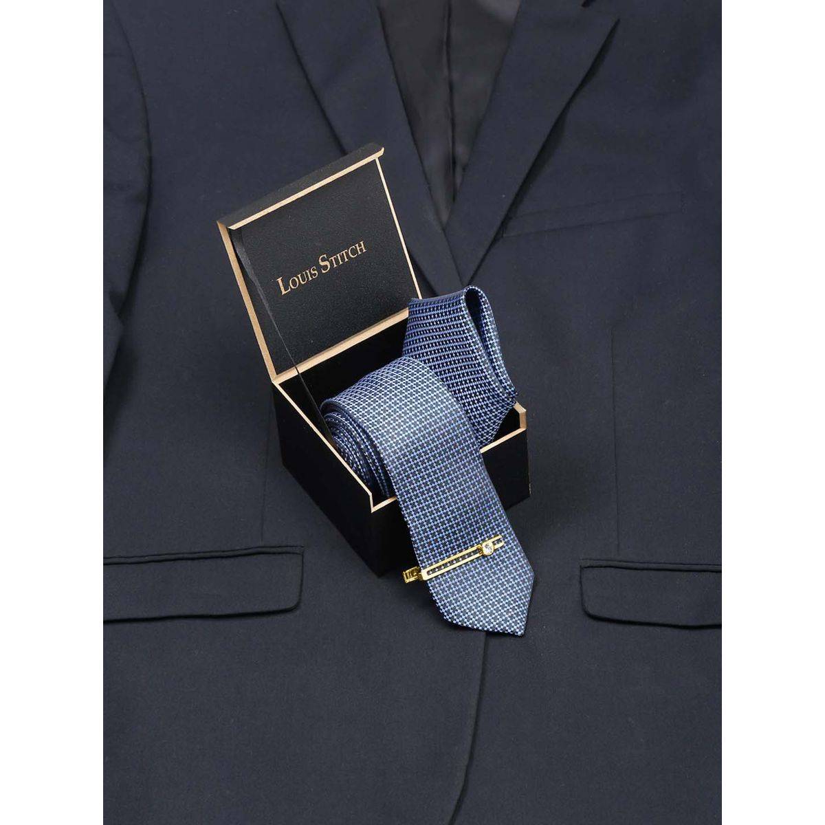 Louis Stitch Men Dotted Blue Silk Necktie Accessory Gift Set