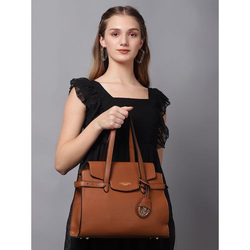Carlton London Tan Double Handle Medium Shoulder Bag with Emblem