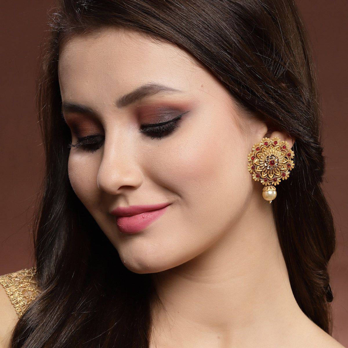 PANASH Gold Plated Red Stone and Pearls Handcrafted Floral Drop Earrings