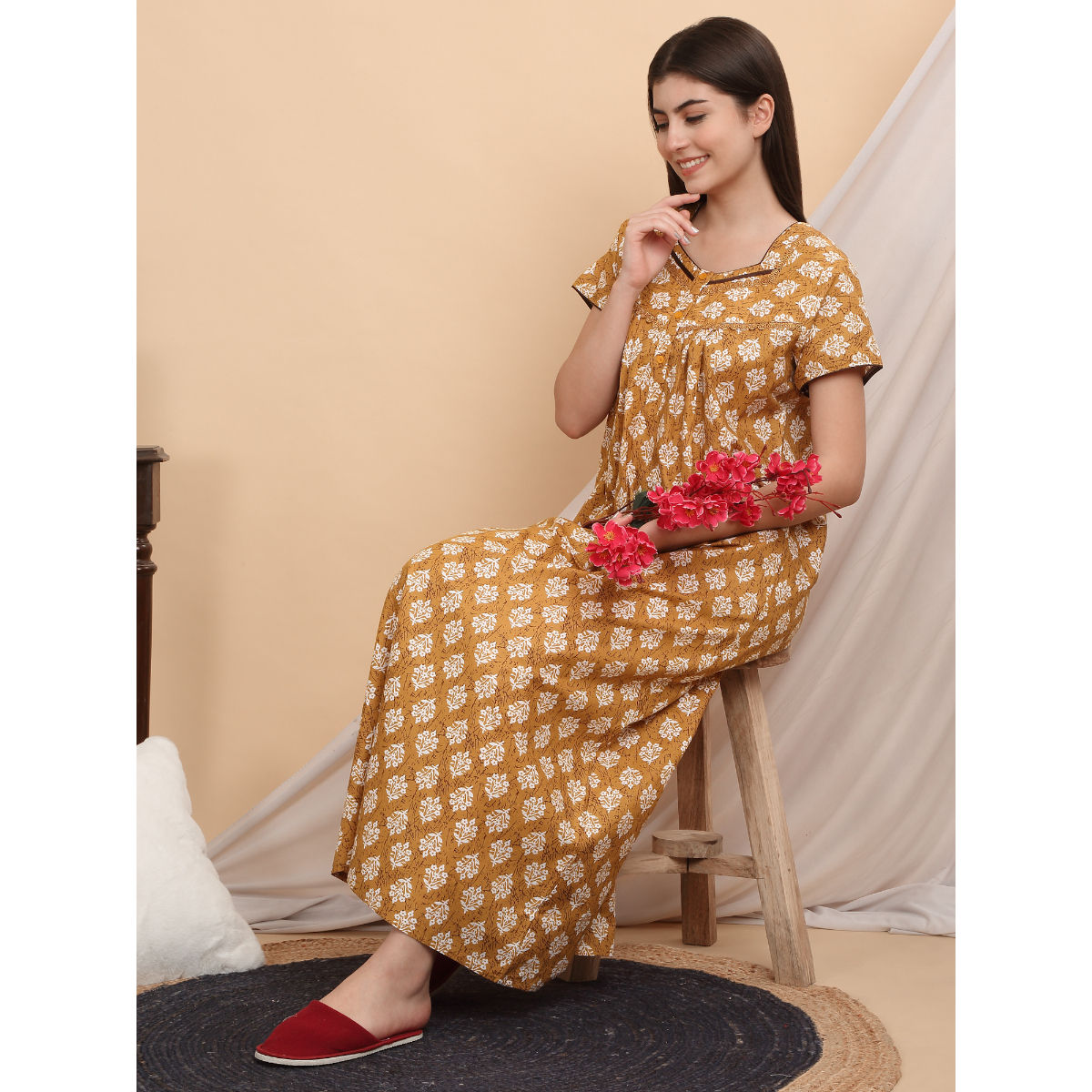 Buy Sweet Dreams Women Yellow Floral Nightdress Online