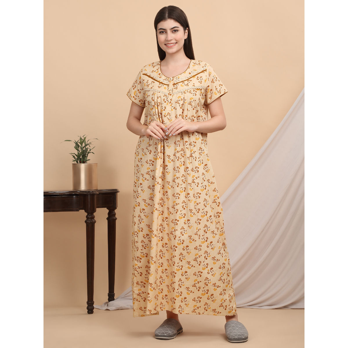 Buy Sweet Dreams Women Yellow Floral Nightdress Online