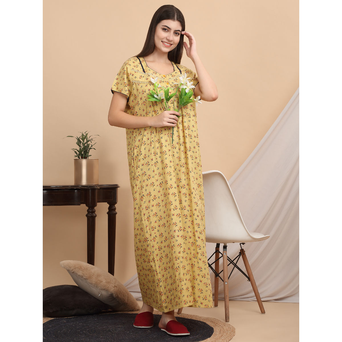 Buy Sweet Dreams Women Yellow Floral Nightdress Online