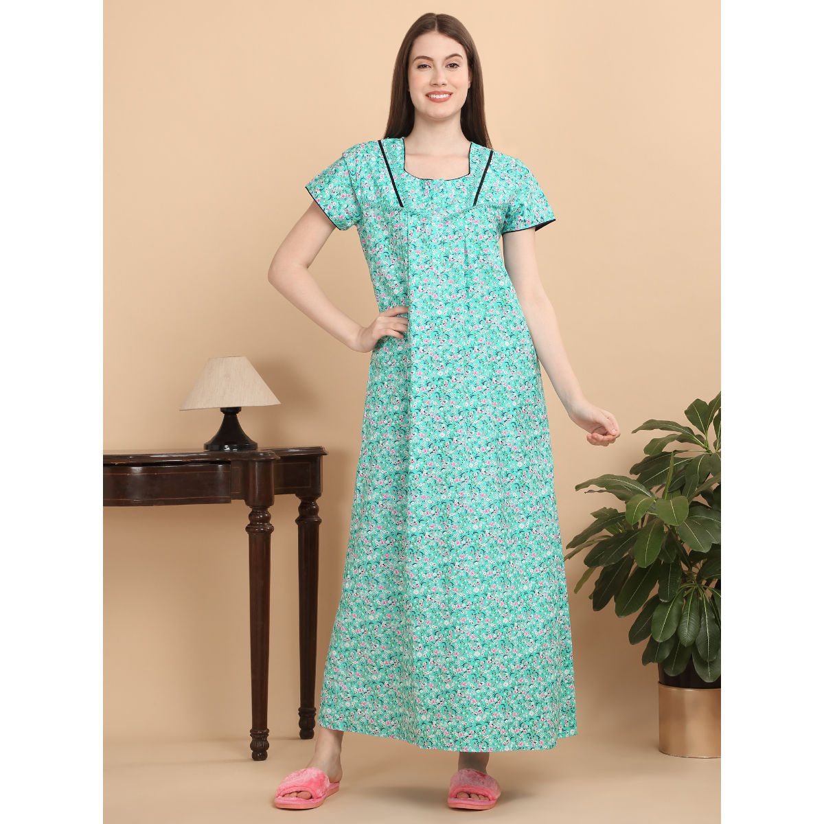 Buy Sweet Dreams Women Green Floral Nightdress Online