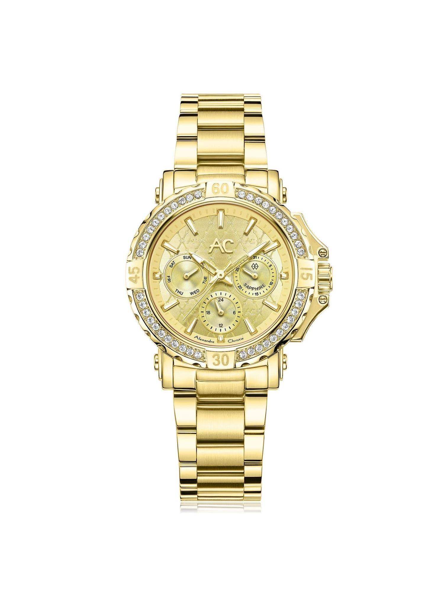 Alexandre Christie Women's Multifunction Quartz Gold Dial Watch - 9205BFBGPIVDR (M)