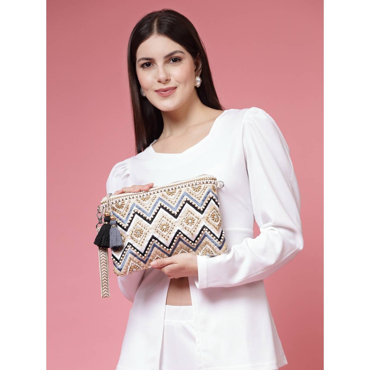 Anekaant Boho Embellished Sling Bag with Detachable Strap and Wrist Loop