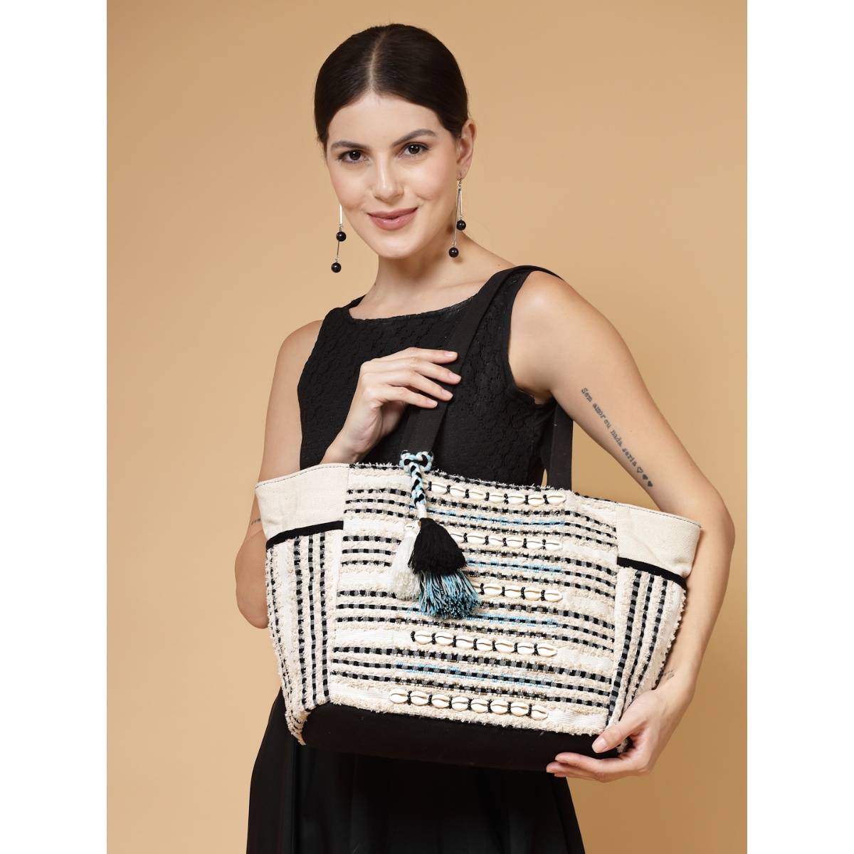 Anekaant Boho Black Tassel Tote Bag