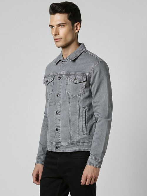 Van Heusen Men Grey Solid Casual Denim Jacket