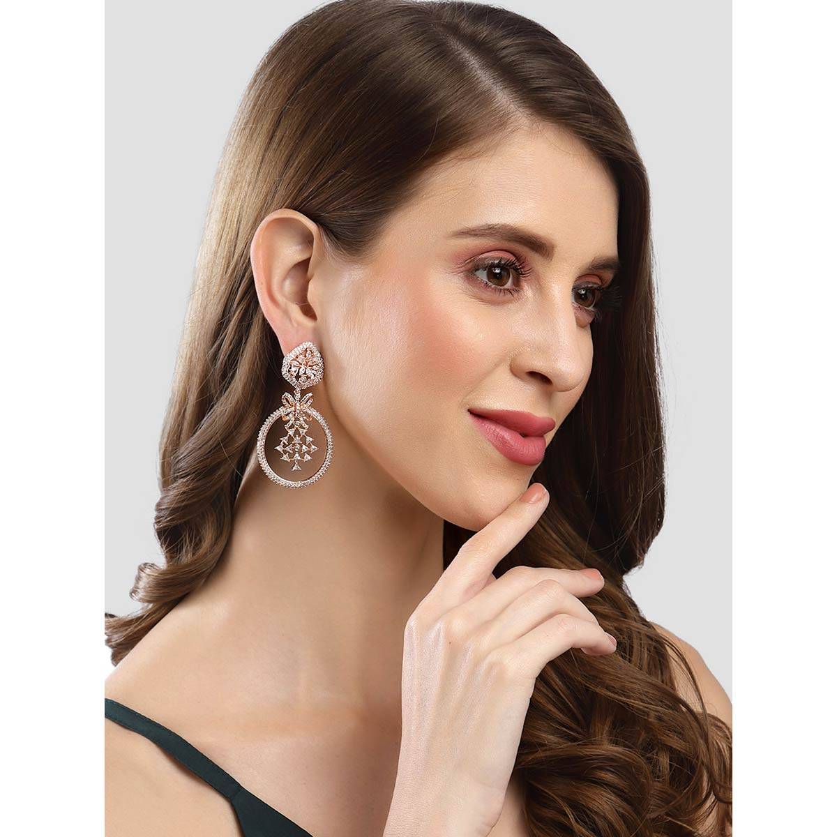 Karatcart Rose Gold Plated American Diamond Studded Dangler Earrings for Women