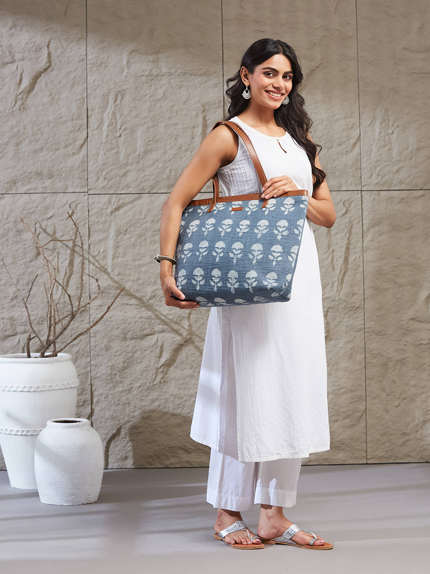 Fabindia Women Blue Floral Hand Block Printed Tote Bag (Free Size)