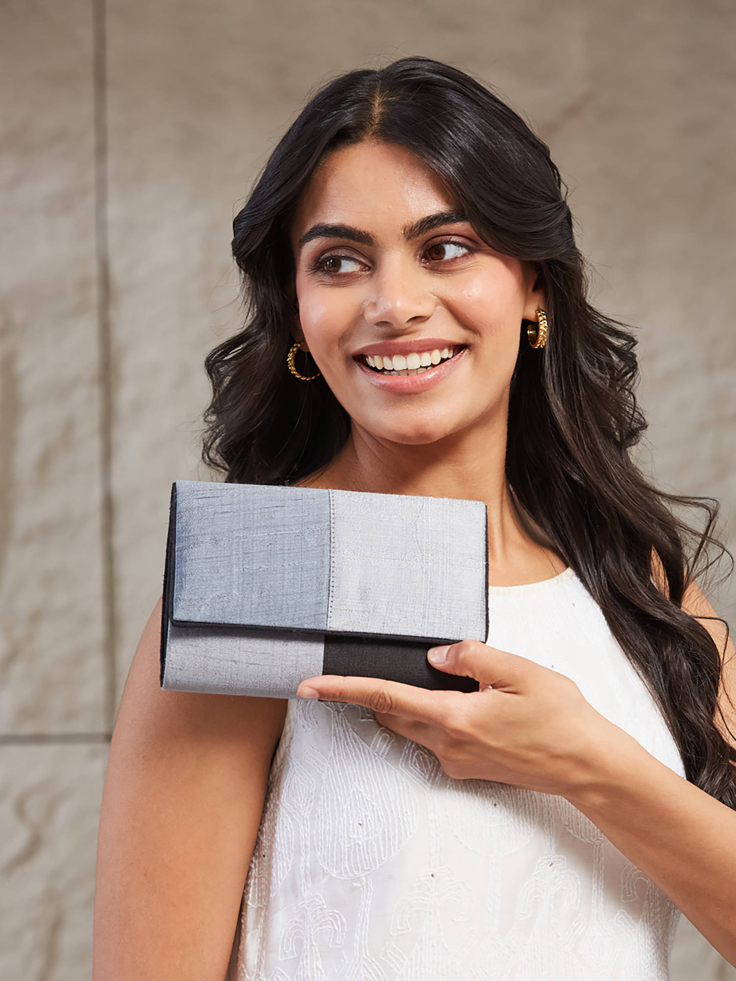 Fabindia Women Grey Colorblock Clutch (S)