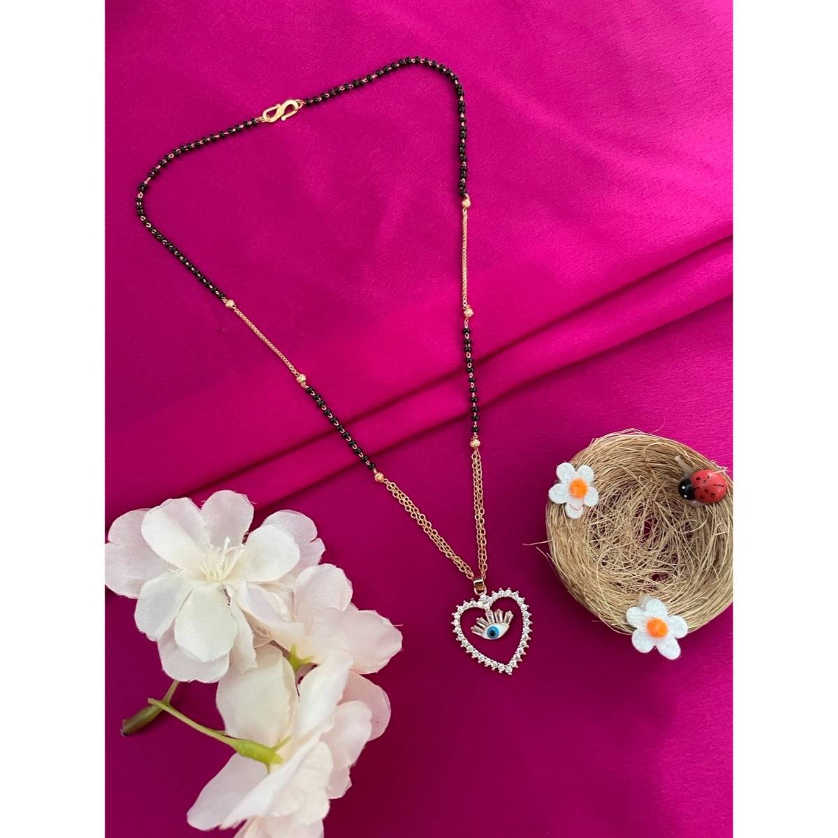 Digital Dress Room Rose Gold American Diamond Heart & Evil Eye Pendant Mangalsutra
