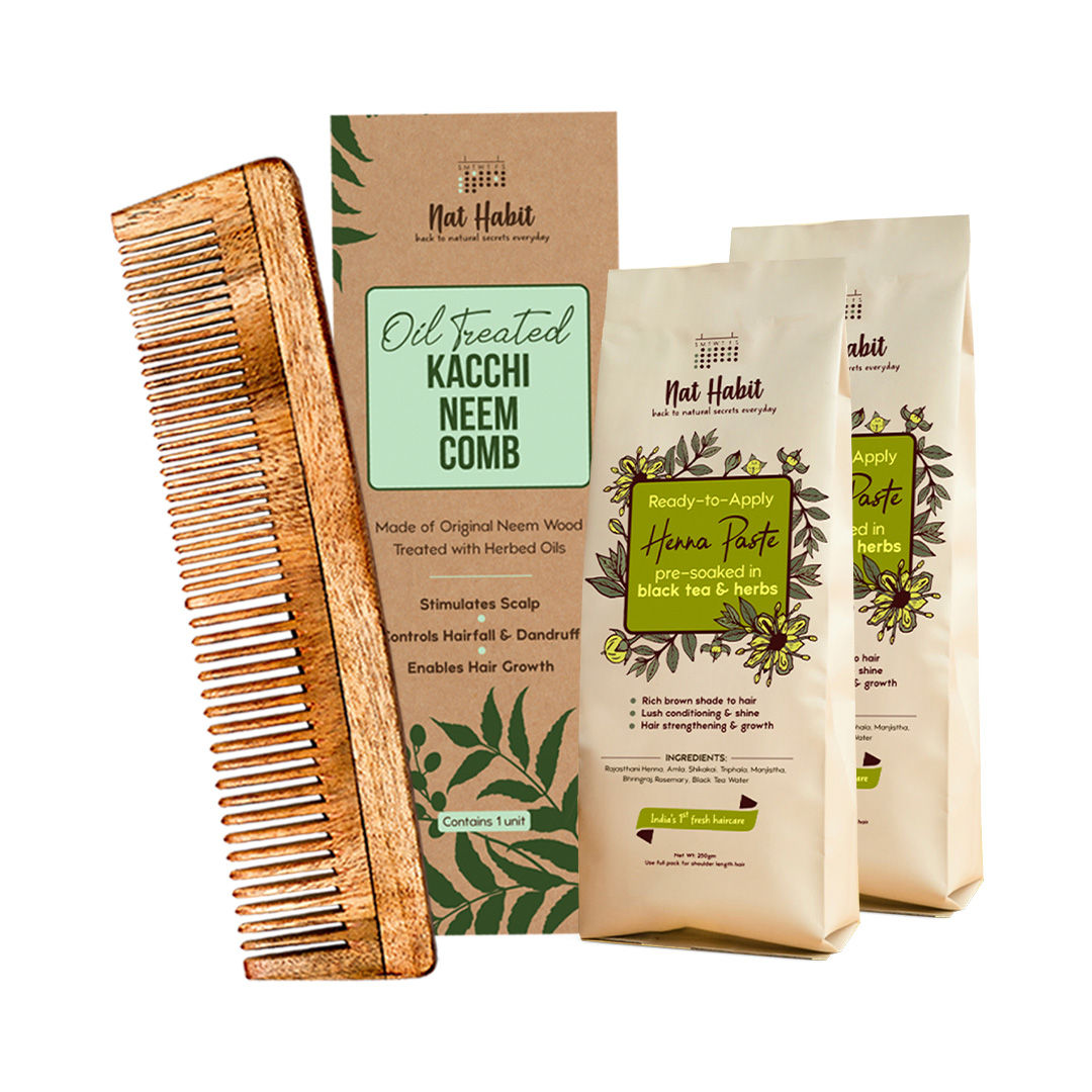 Nat Habit Dual Tooth Kacchi Neem Comb & Ready-To-Apply Henna Paste Pre-Soaked In Black Tea & Herbs