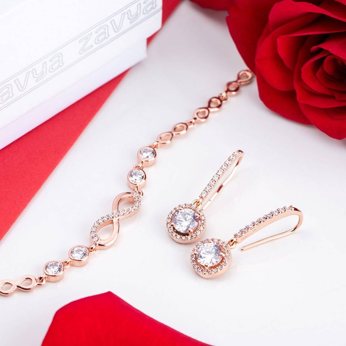 Zavya Rose Gold Radiance Love - Infinity & Solitaire Earrings Sterling Silver Combo