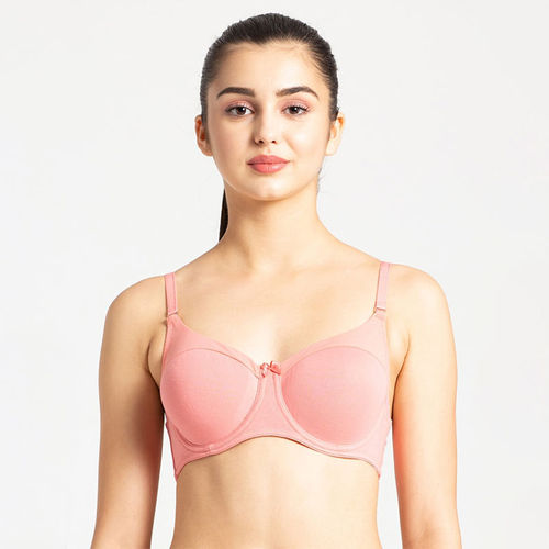 Women's Under-Wired Padded Super Combed Cotton Elastane Stretch Full  Coverage T-Shirt Bra with Stylised Mesh Panel - Peach Blossom