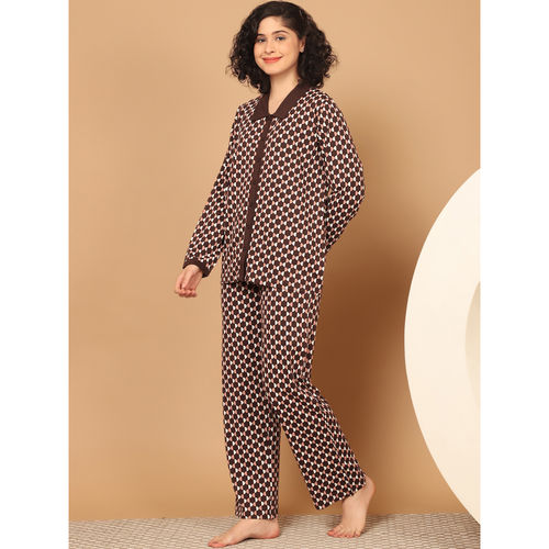 Buy Kanvin Womens Brown Printed Full Sleeve Shirt with Pyjama (Set