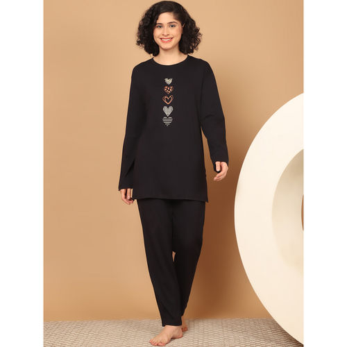 Kanvin Womens Black Full Sleeve T-Shirt with Pyjama (Set of 2) (M)