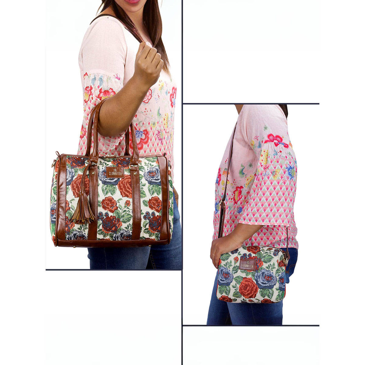 The Clownfish Red Floral Set Of 2 Women's Sling Bag And Handbag