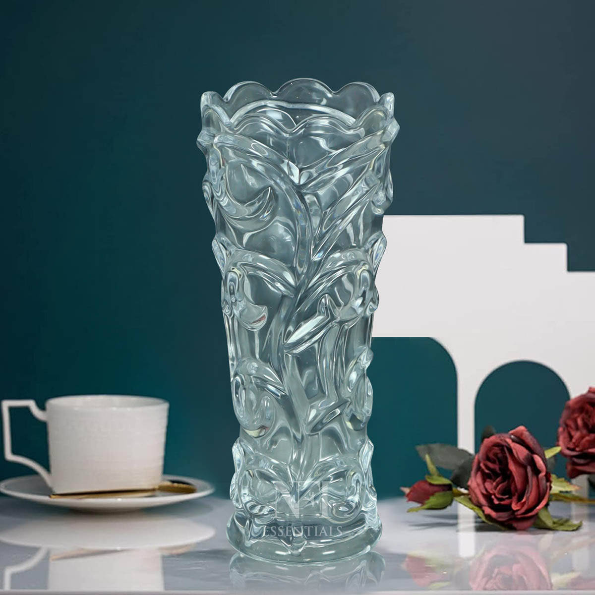 NFI Essentials Crystal Clear Glass Vases For Flowers With Embossed Floral Design