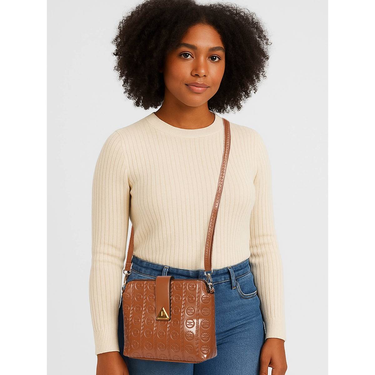 ESBEDA Tan Color Vegan Leather Embossed Sling Bag