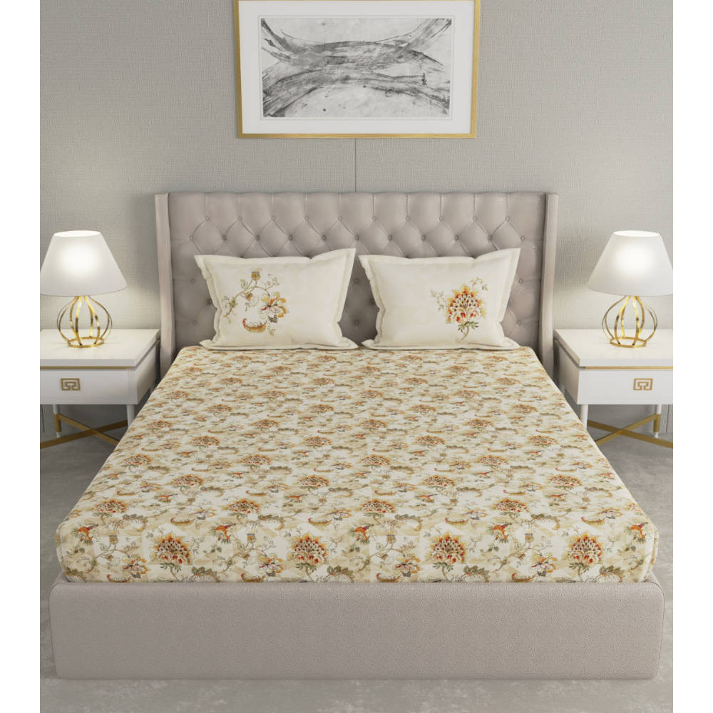 GM Yellow Beige Floral 144 TC Cotton Queen Bedsheet with 2 Pillow Covers