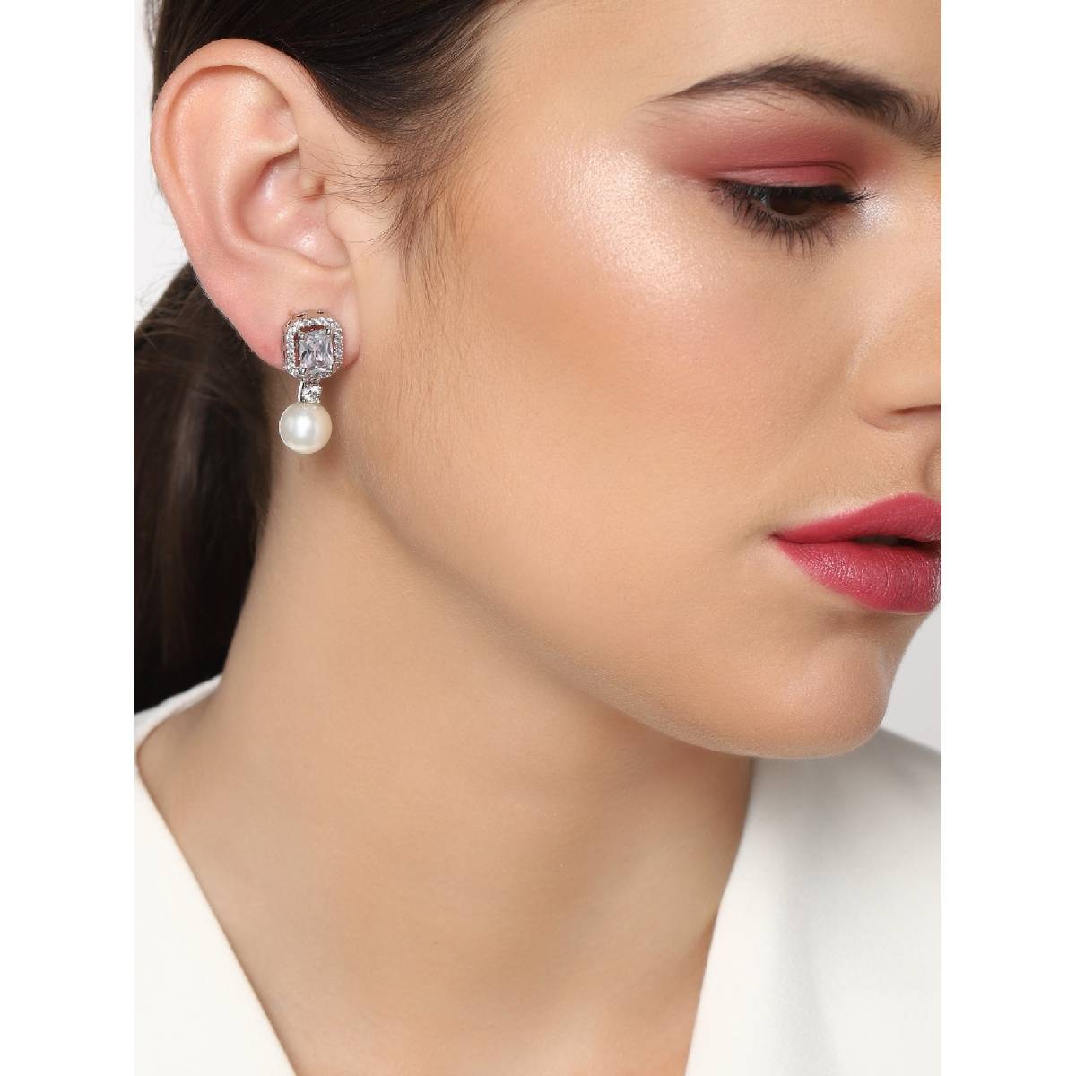 Estele Rhodium Plated CZ Sparkling Drop Earrings for Women