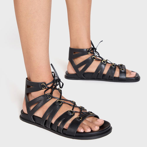 MIXT by Nykaa Fashion Black Lace Tie Up Slider Flats For Women (EURO 36)