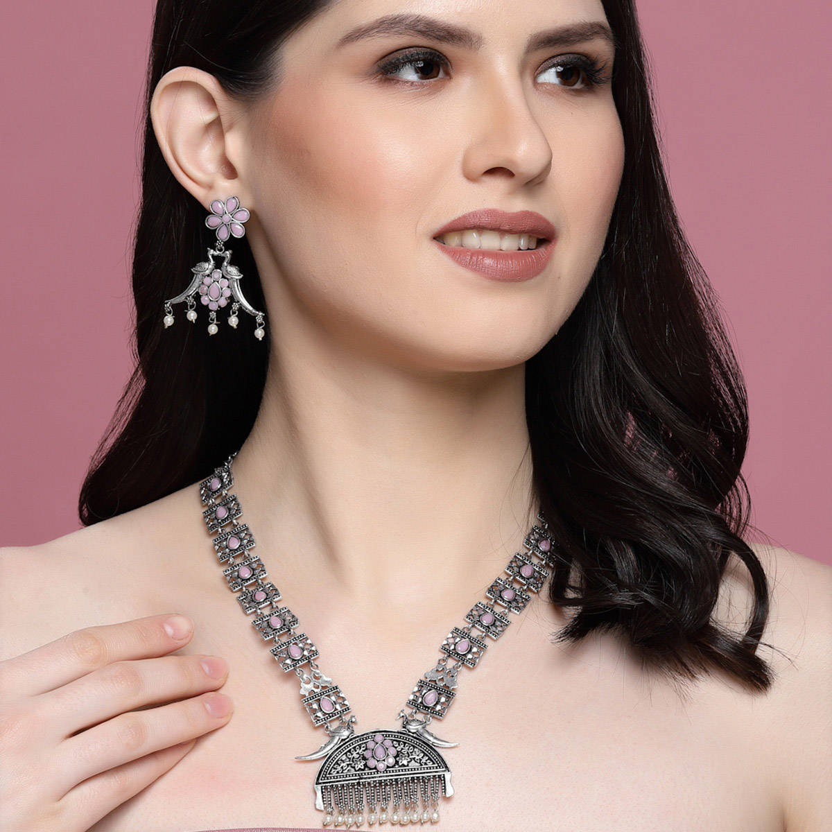 PANASH Oxidised Silver-Plated Pink Stone & Pearl Peacock Shaped Jewellery Set