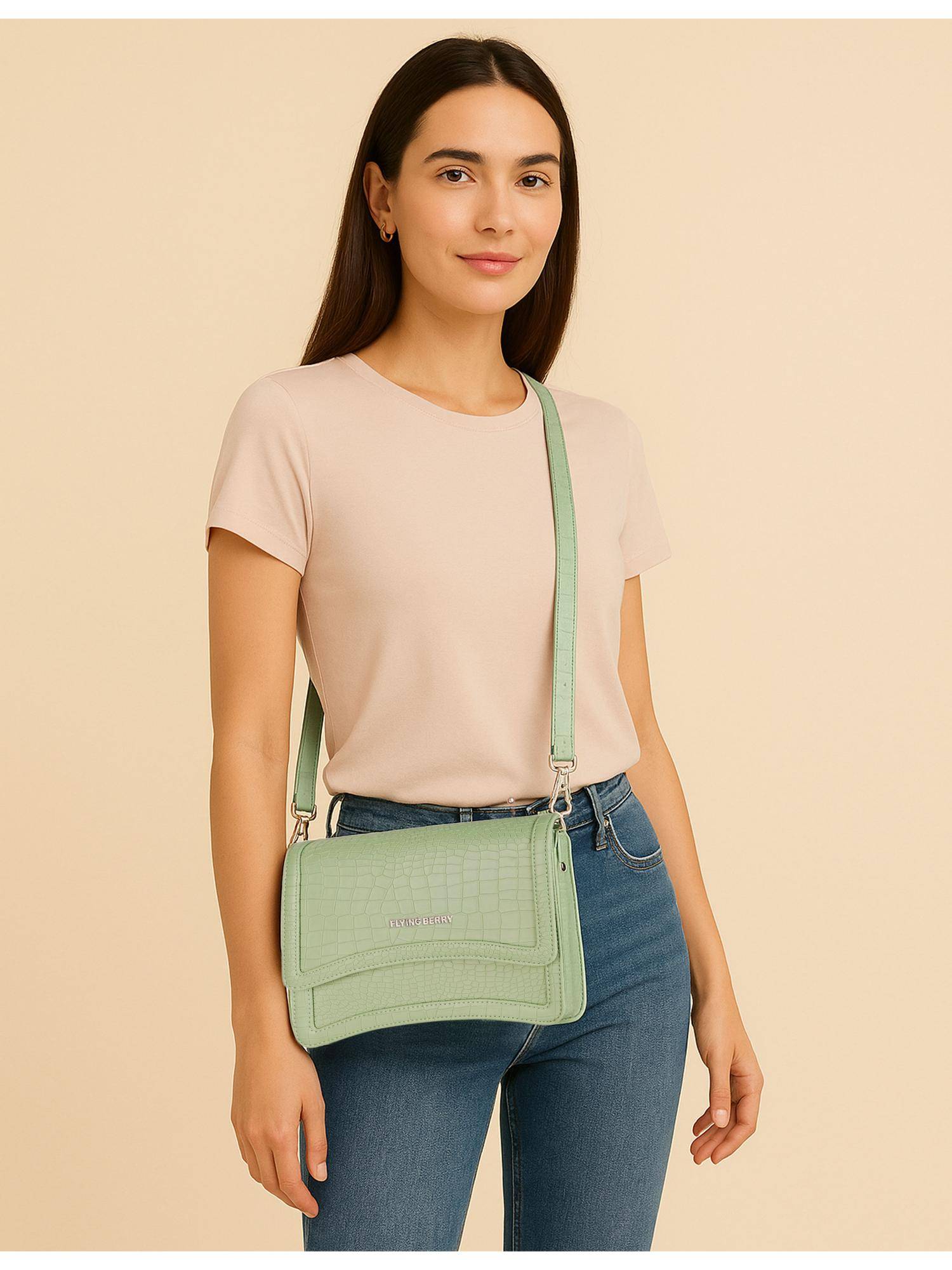 FLYING BERRY Green Structured Sling Bag with Detachable Strap