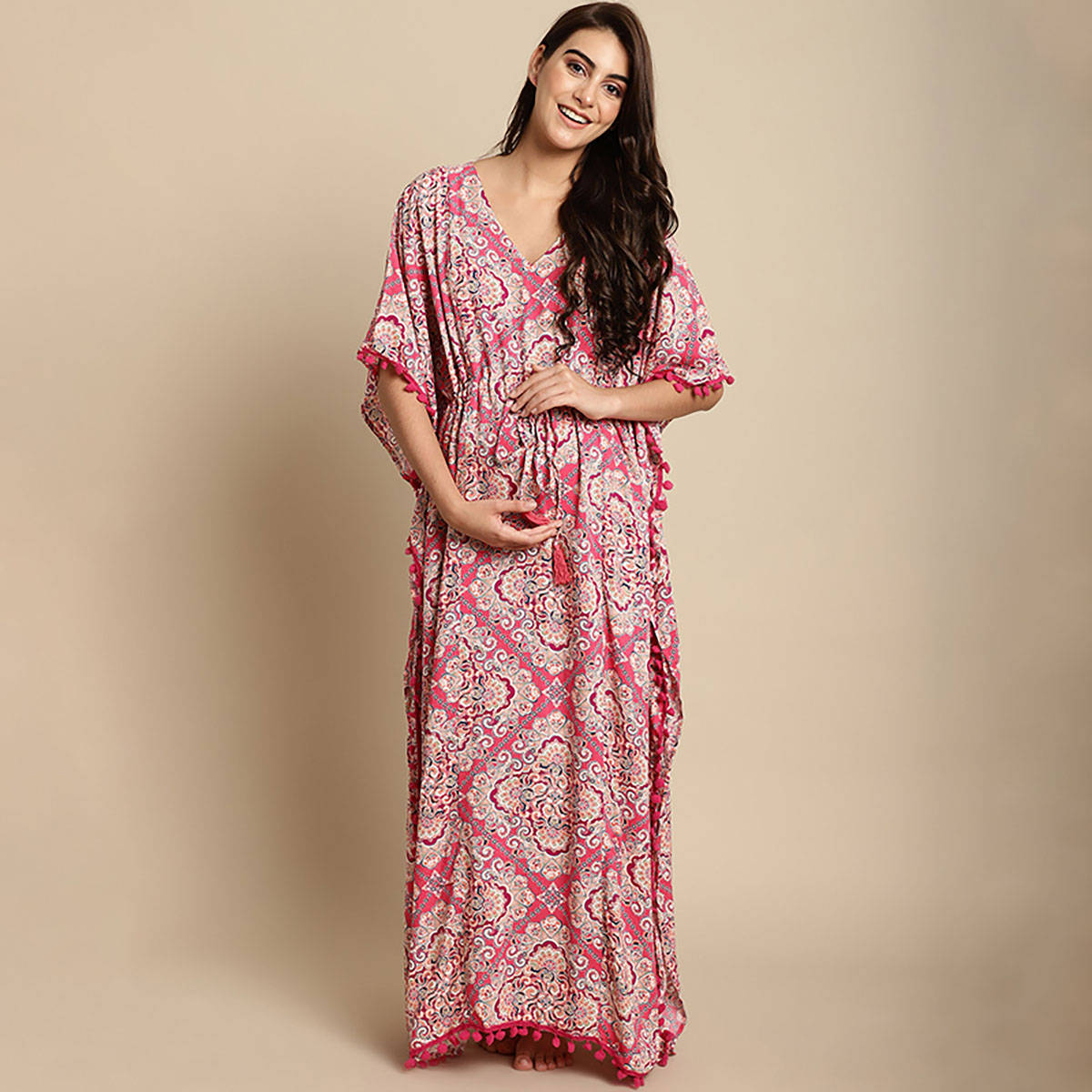 Secret Wish Pink Printed Rayon Maternity Kaftan