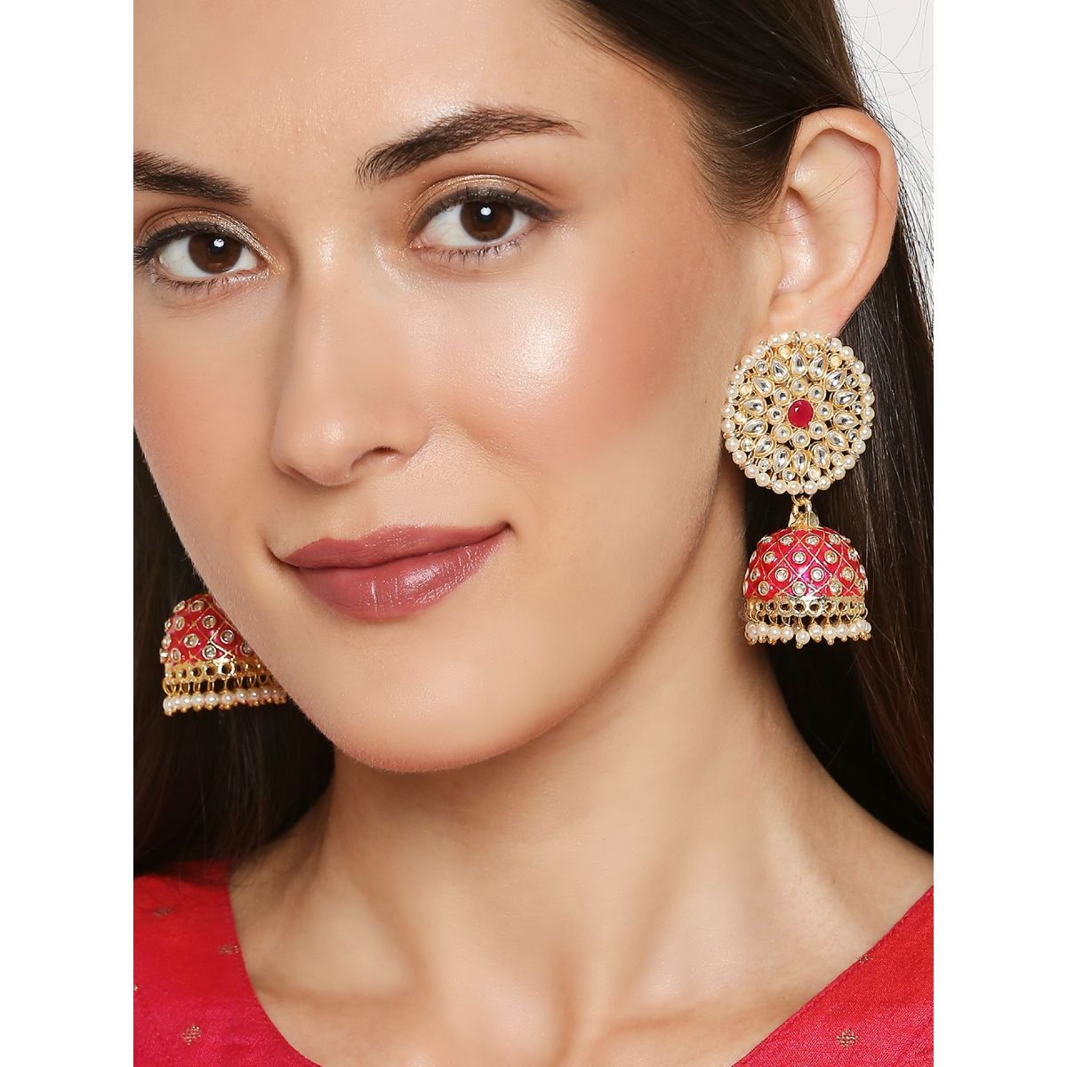 OOMPH Earrings  Buy OOMPH Pink and Red Meenakari Enamel with Kundan and  Pearls Large Jhumka Earrings Online  Nykaa Fashion