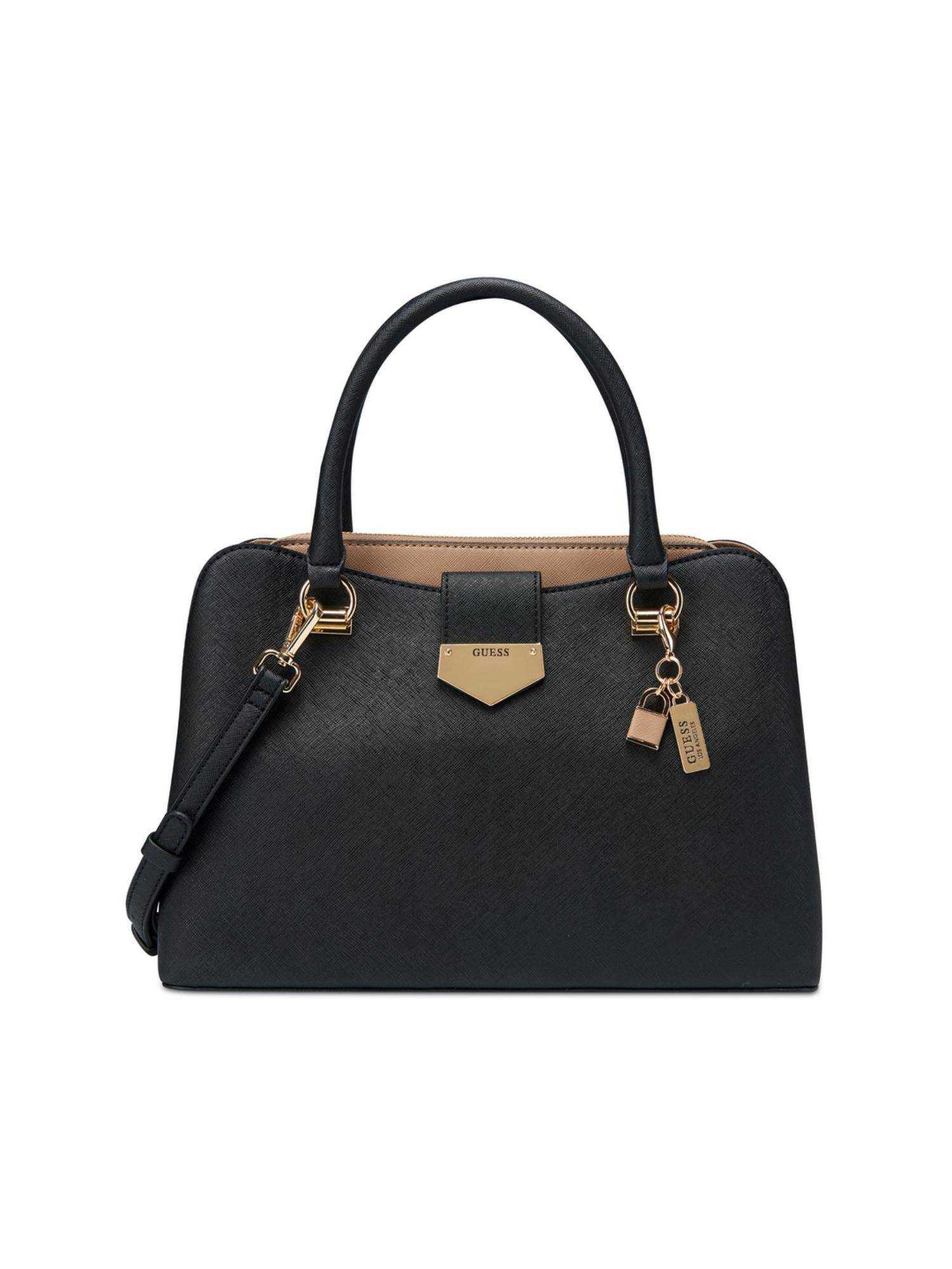 Guess Women Black Multi Solid Cassius Satchel Bag With Detachable Strap
